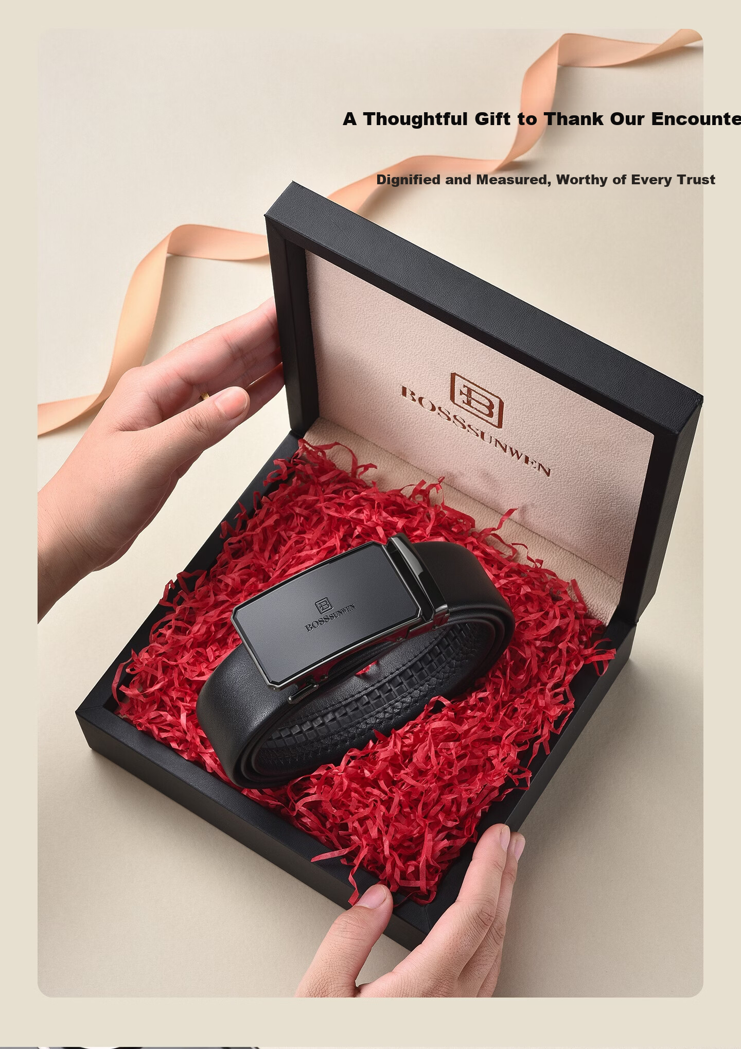 BOSSSUNWEN Men's Genuine Leather Belt Automatic Buckle Gift for Husband and Dad with Wooden Gift Box 9