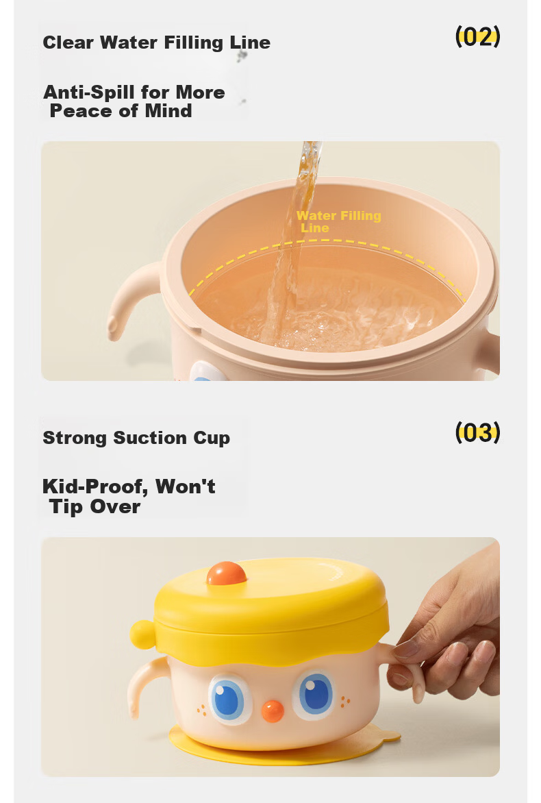 Huang Chong Big-Eyed Cute Baby Feeding Bowl Children's Water-Filled Insulated Suction Bowl PPSU Double-Layer Insulated Lunch Box Yellow 24