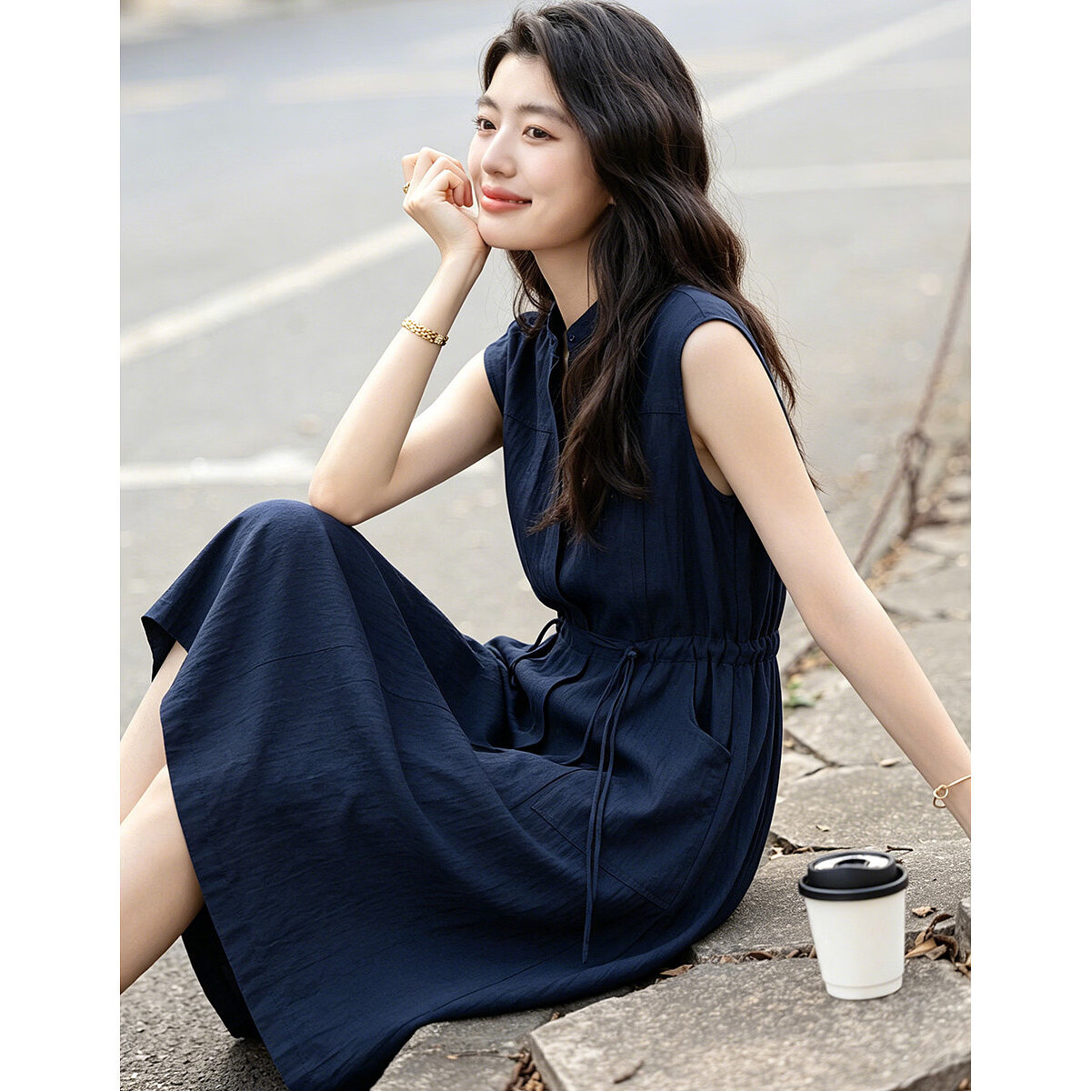 Demana [Accompanied by Elegance] Summer Simple Style Half-Placket Round Neck Drawstring Loose Mid-Length Dress for Women