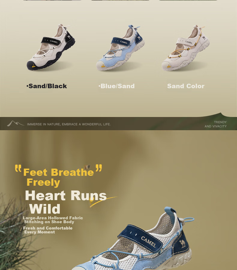 CAMEL Cute Outdoor Lightweight Breathable Mesh Magic Tape Casual Sandals L26M396025 Sand/Black 39 2