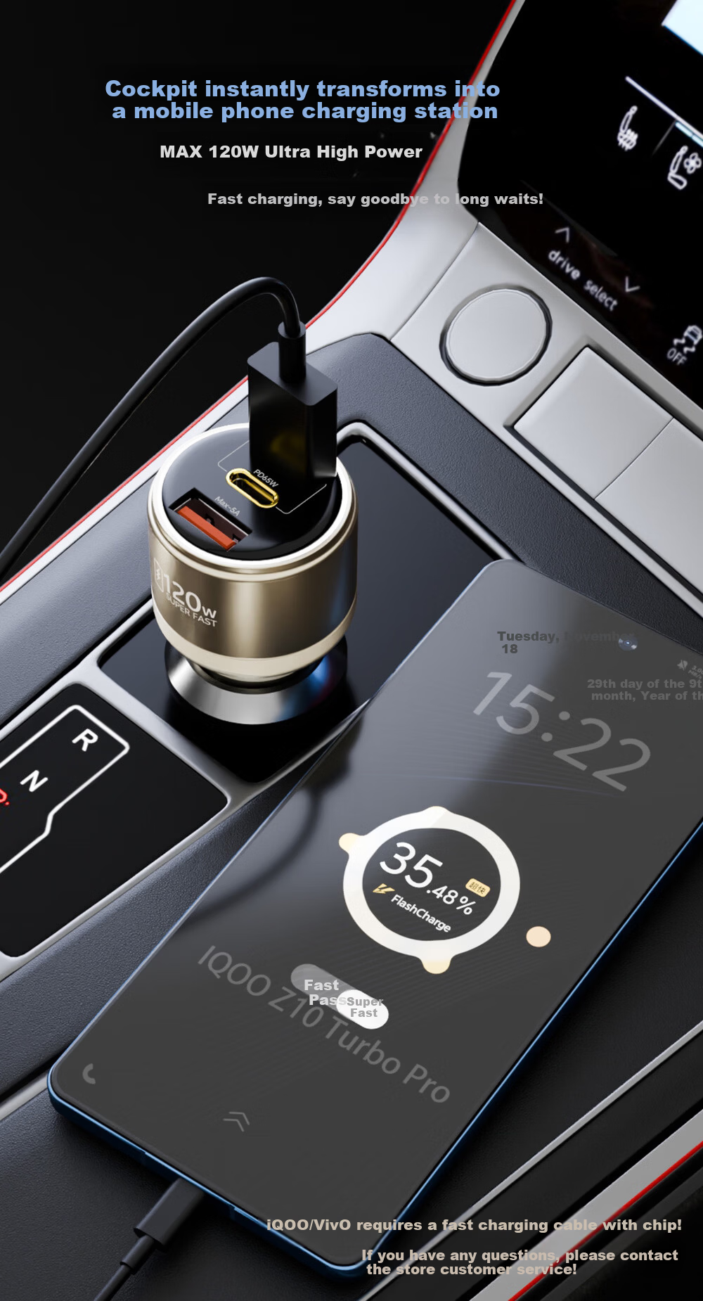 Newsmy 120W Car Charger Super Fast Charging Triple Port Cigarette Lighter Adapter Compatible with Huawei Vivo OPPO Apple 17 Laptop Charging 6
