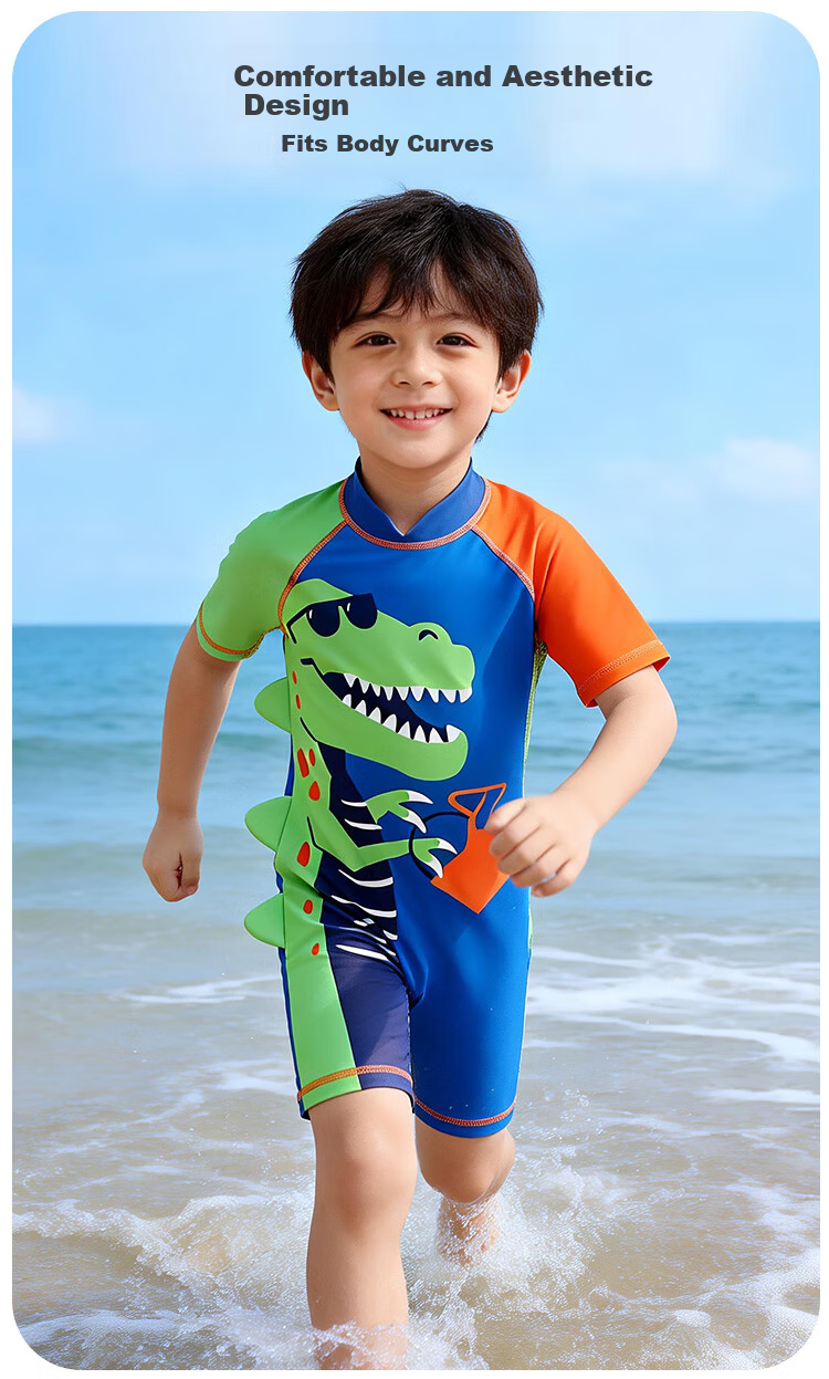 9i9 Kids Boys One-Piece Hooded Sunscreen Quick-Dry T-Rex Baby Swimming Hot Spring Suit B150 Blue 90 8