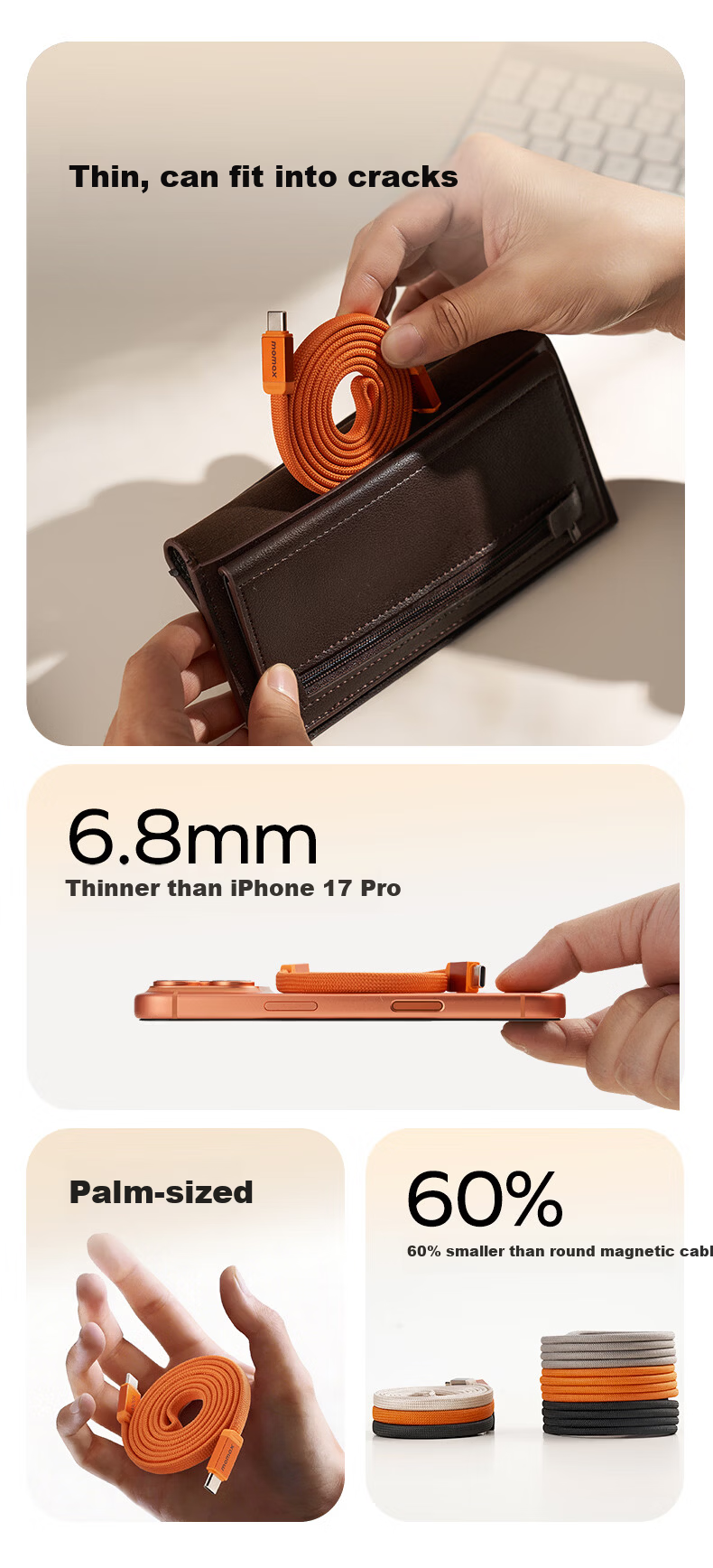 MOMAX Magnetic Type-C Charging Cable PD100W Fast Charge Car CTC Braided Magnetic Storage Compatible with Apple iPhone 17/16/iPad/Laptop/Tablet Xiaomi Black 3