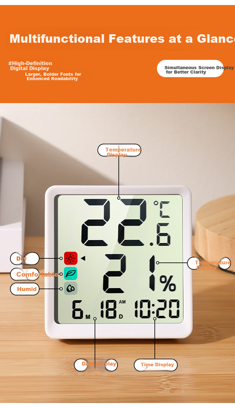 Compas Thermo-Hygrometer Clock Indoor Temperature Meter Baby Room Bedroom Kitchen Magnetic Multifunction Clock 2301H White 2