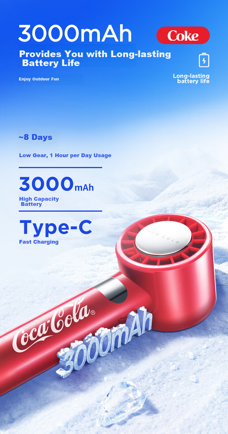 Coca-Cola Handheld Mini USB Electric Fan with Digital Display Portable Quiet Desktop Fan for Office Dormitory Students B-FS07G - Price Protection 618 8