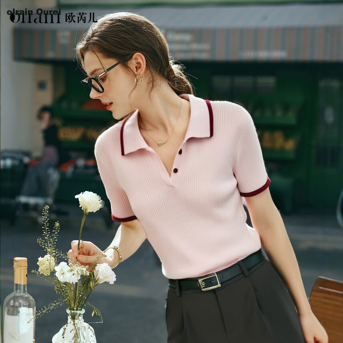 Olrain Pink Polo Collar Commuter Style Knit Pullover Women's Summer Top Pink L