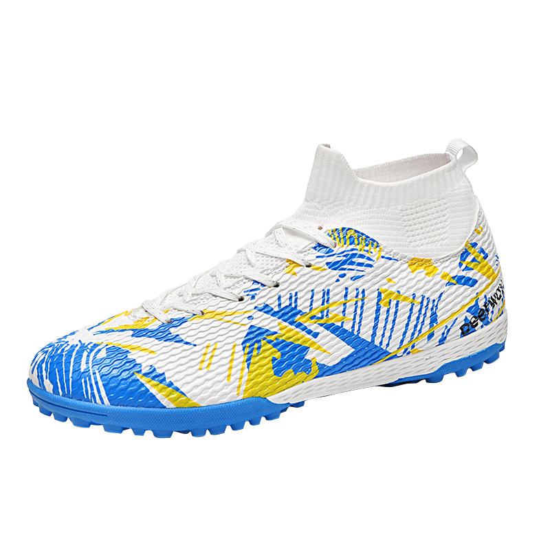 DEERWAY TF Turf Soccer Shoes Men Adult High-Top Ankle Support Youth Big Kids Competition Training Shoes White Blue Gold Size 41