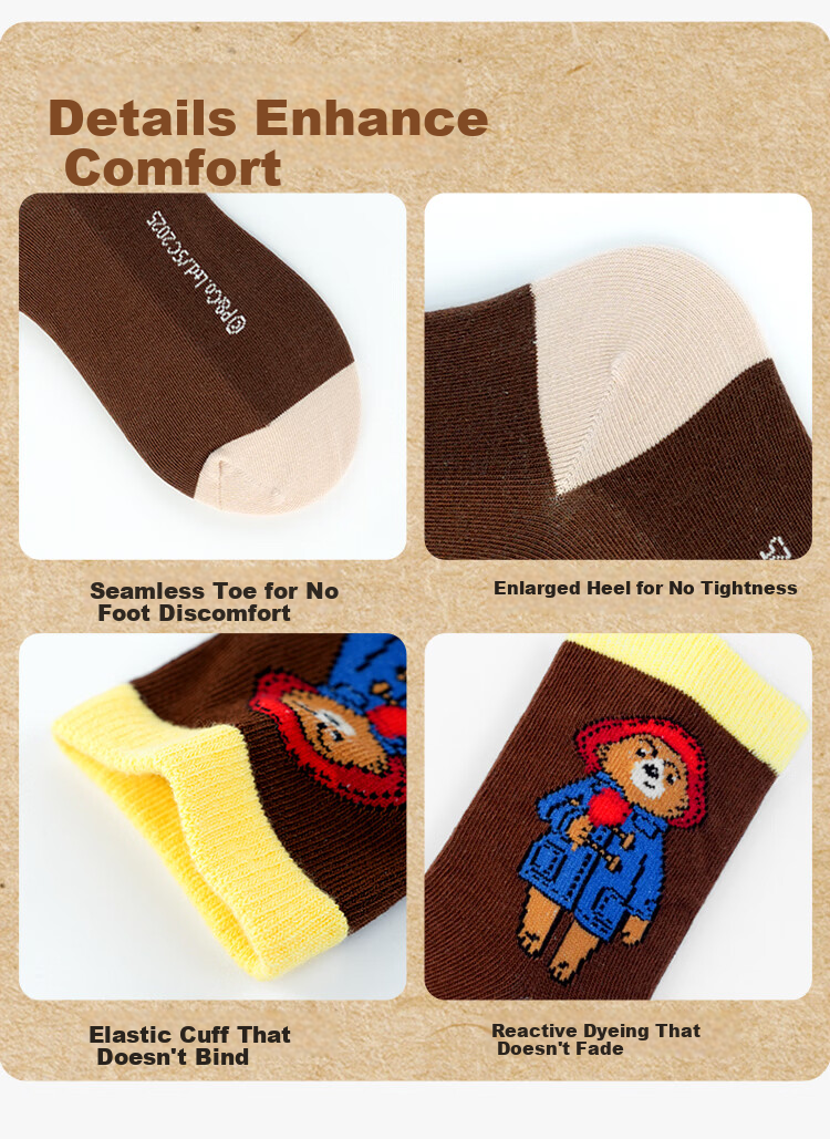 Jingshuran JD Own Brand Cotton Paddington Bear Pattern Green Mid-Calf Parent-Child Socks 5 Pairs Pack 11