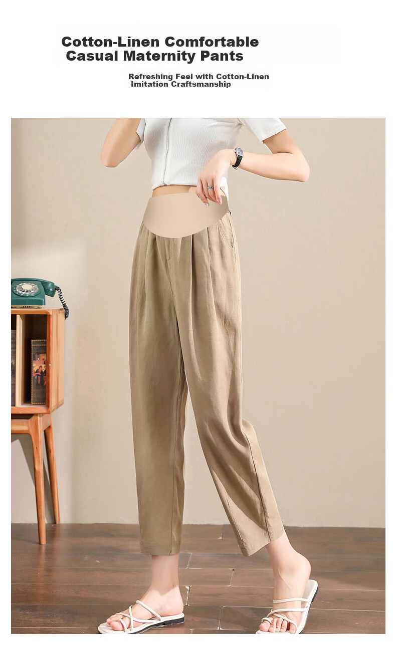 JOYNCLEON Maternity Pants Spring and Autumn Wear Imitation Cotton Linen Thin Maternity Trousers Khaki L jyk19882 1