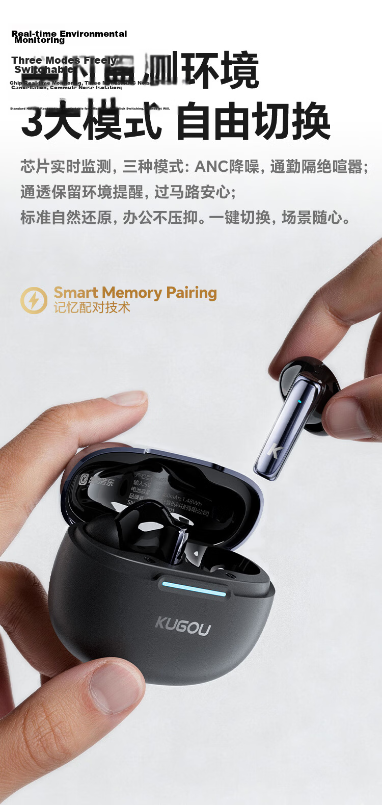 KUGOU M65 True Wireless Bluetooth Earbuds In-Ear 6-Mic Active Noise Cancelling Flagship Long Battery Life High-Quality Call Music Gaming Compatible with Huawei Apple Xiaomi 8