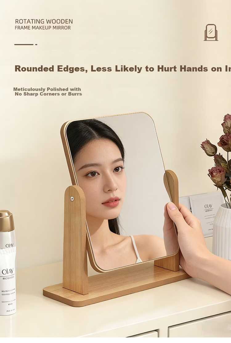 Anerya Desktop Makeup Mirror Home HD Rotatable Wooden Dressing Mirror Ins Style Girls Bedroom Table Mirror 6