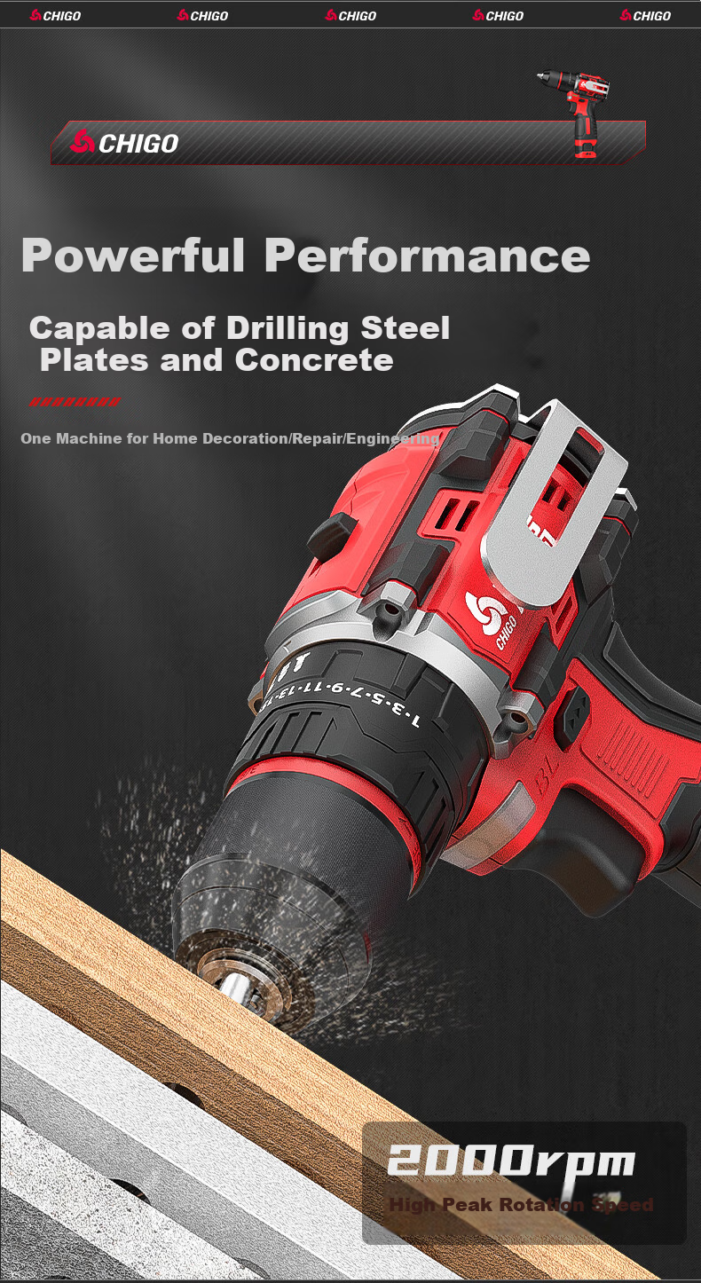 CHIGO 18V Brushless Hammer Drill Compact Cordless Electric Screwdriver Multi-Function Impact Drill 5