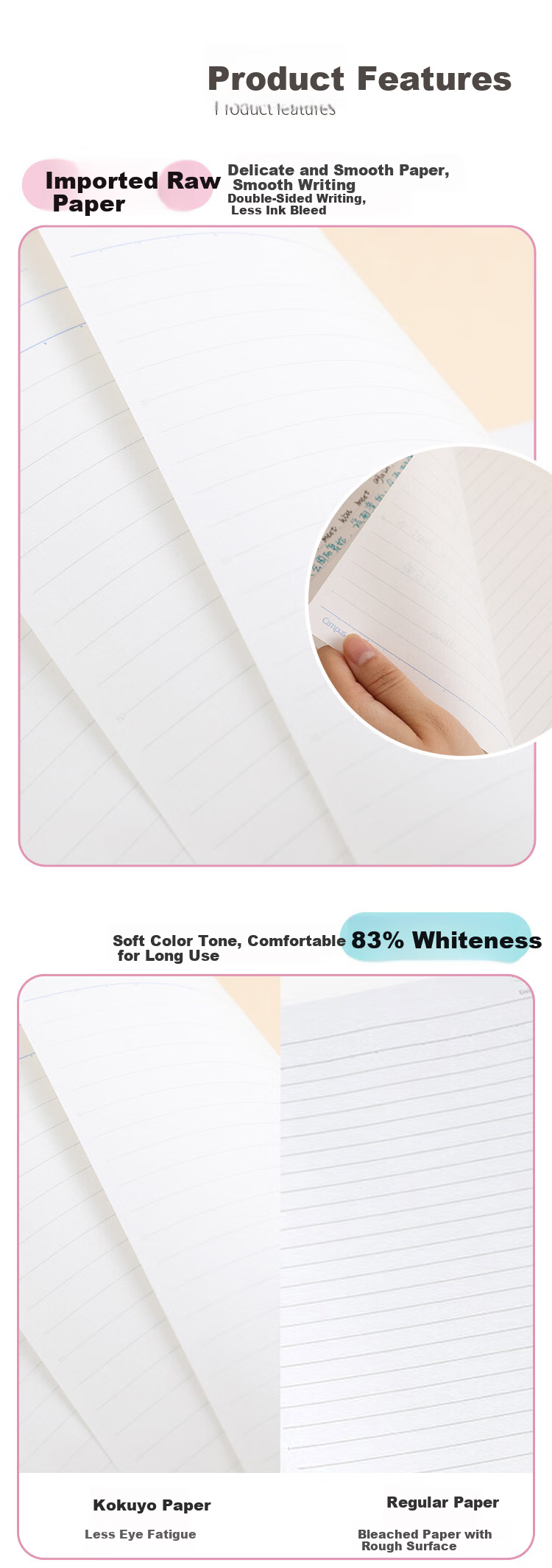 KOKUYO A5/40 Pages/8mm Dotted Line Kato Wood Series Student Notebook, Wireless Binding, Glue Bound, Office Stationery, Softcover, Gray Pink, 1 Pack WCN-CNB3474-3 2