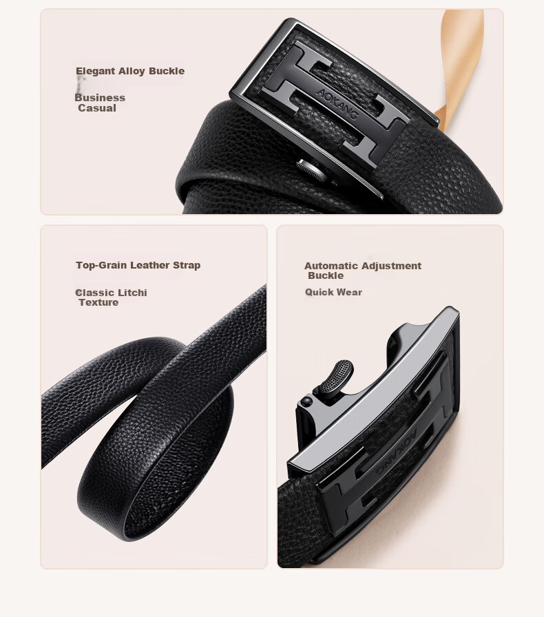 Aokang Men's Genuine Leather Belt, First Layer Cowhide, Flexible and Durable, Automatic Buckle, 115cm, Gunmetal Buckle, Gift for Men 3