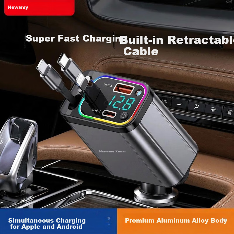 Newsmy Car Charger Retractable 3-in-1 Built-in Cable Super Fast PD Invisible Mini Car Cigarette Lighter Charger Compatible with Apple Huawei Xiaomi K6 Deluxe Edition