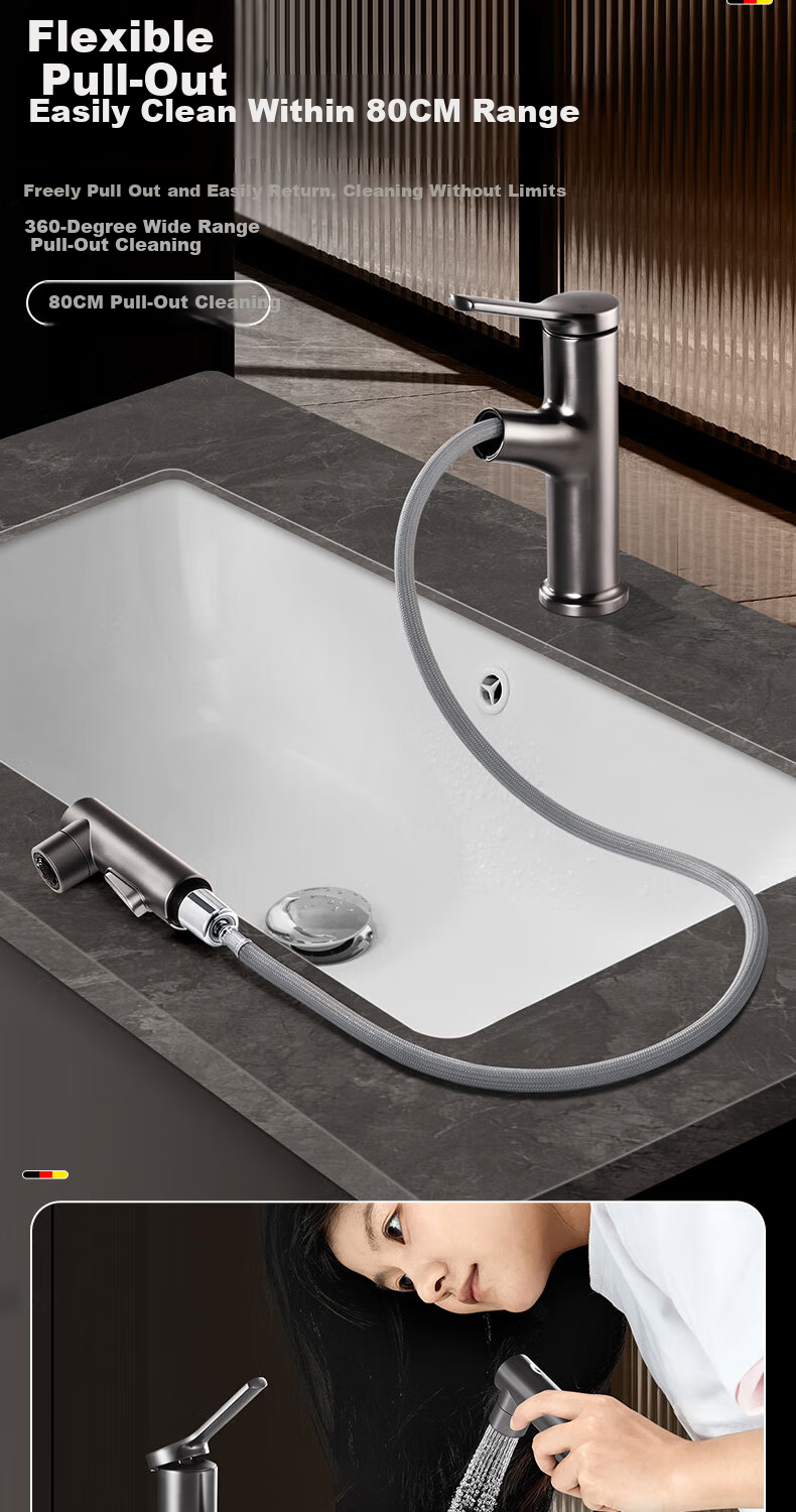 HOMK German Basin Faucet Pull-Out Hot and Cold Water Mixer for Bathroom Sink 6