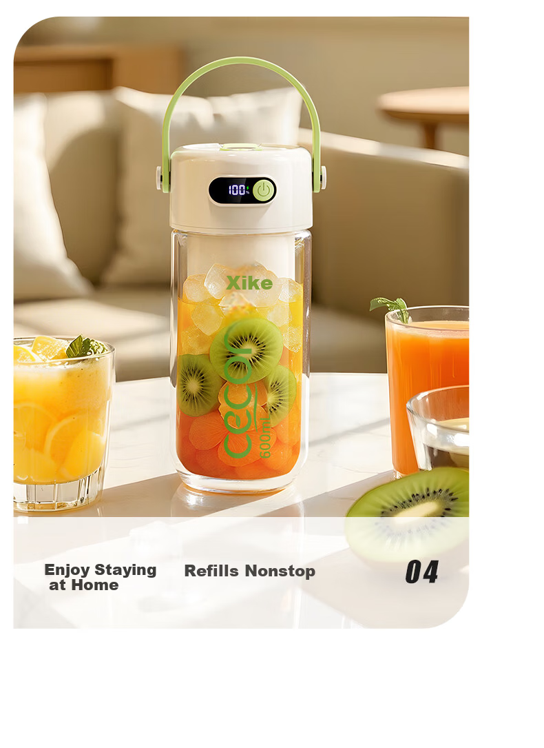 Xike Portable Juicer Double-Layer Glass Insulated Ice-Crushing Juice Cup Small Household Multifunctional Wireless Rechargeable Electric Fruit Blender with Dual Lids GZ4506 14