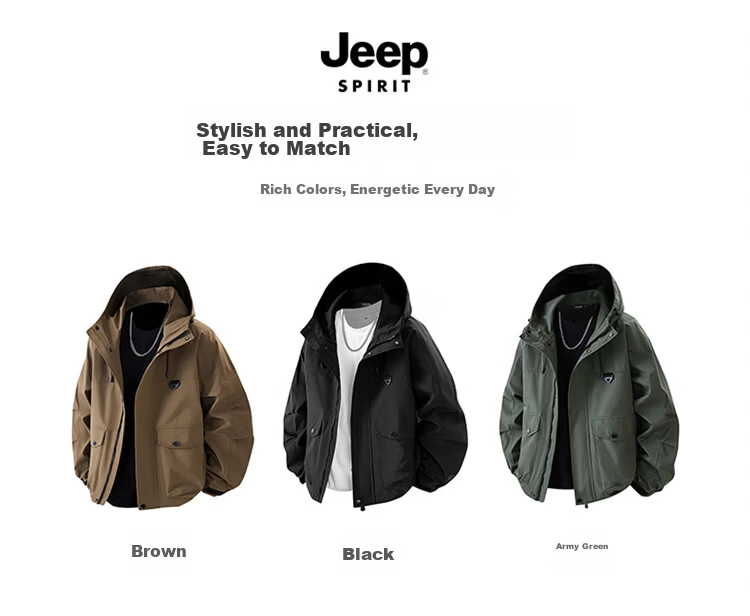 JEEP SPIRIT Men's Windproof Hooded Work Jacket Spring Casual Functional Jacket Brown L 7