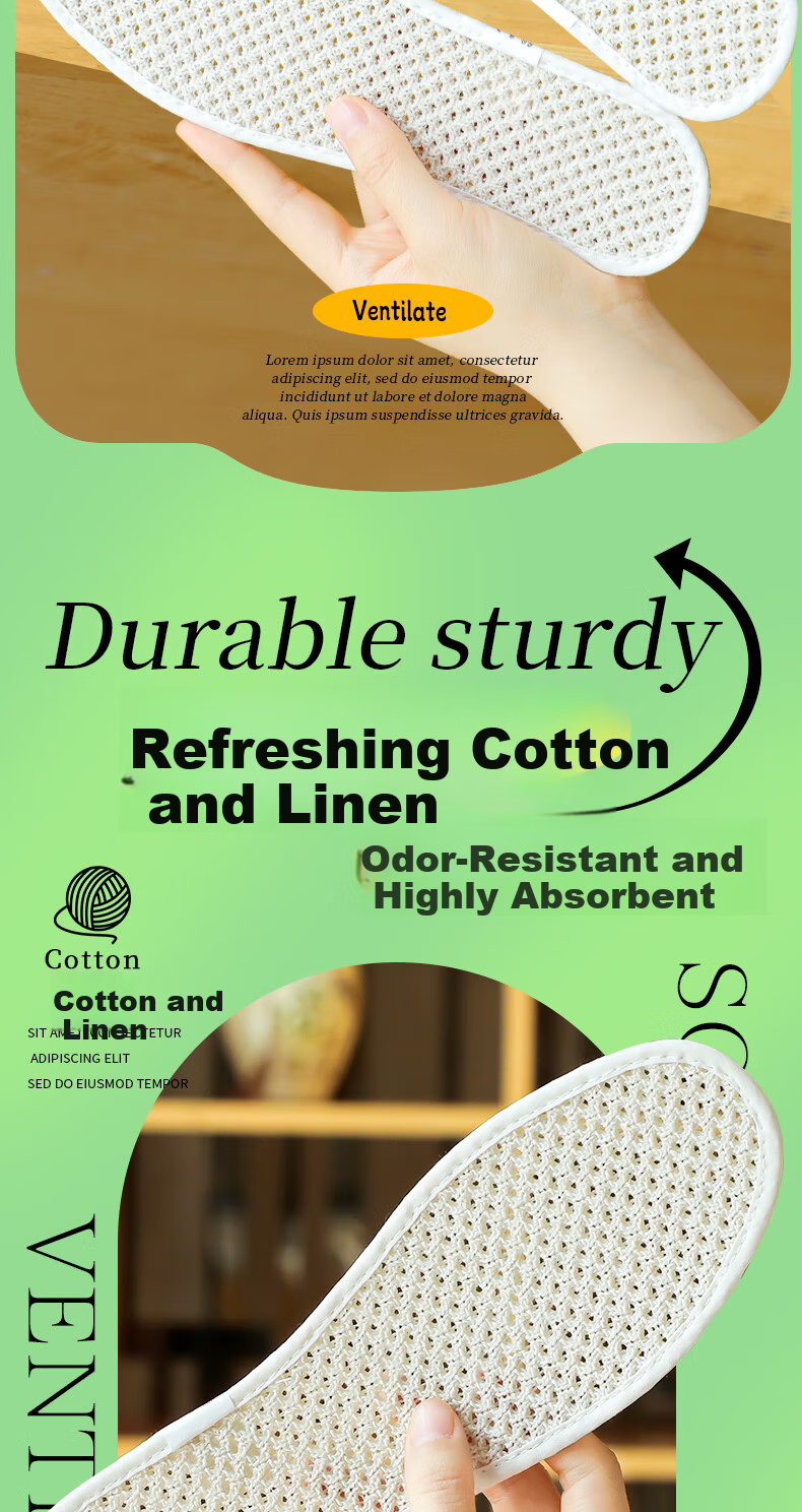 Nanjiren Cotton Linen Breathable Sweat-Absorbing Insoles for Men and Women, Comfortable, Odor-Resistant, Soft, Ultra-Thin Summer Running Insoles, Size 45 2