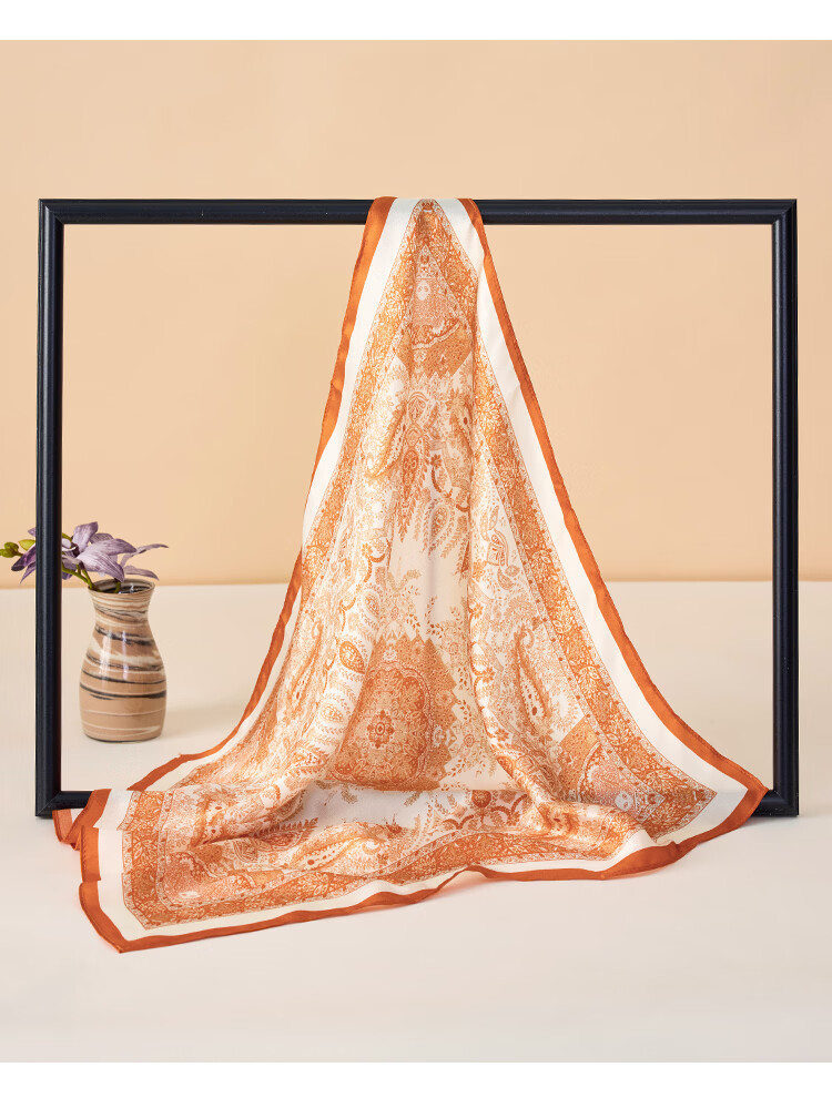 Shanghai Story 100% Mulberry Silk Square Scarf Satin Scarf Gift Box Cashew Pattern - Elegant Orange 7