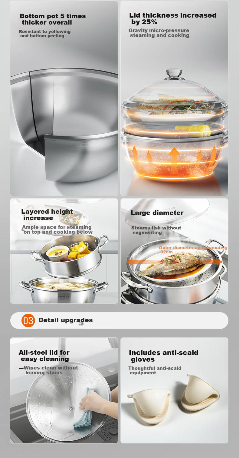 Joyoung 304 Stainless Steel Steamer Pot, Double Layer, 30cm, Suitable for 3-4 People, Compatible with Induction Cookers, Ideal for Steaming Fish and Buns 3