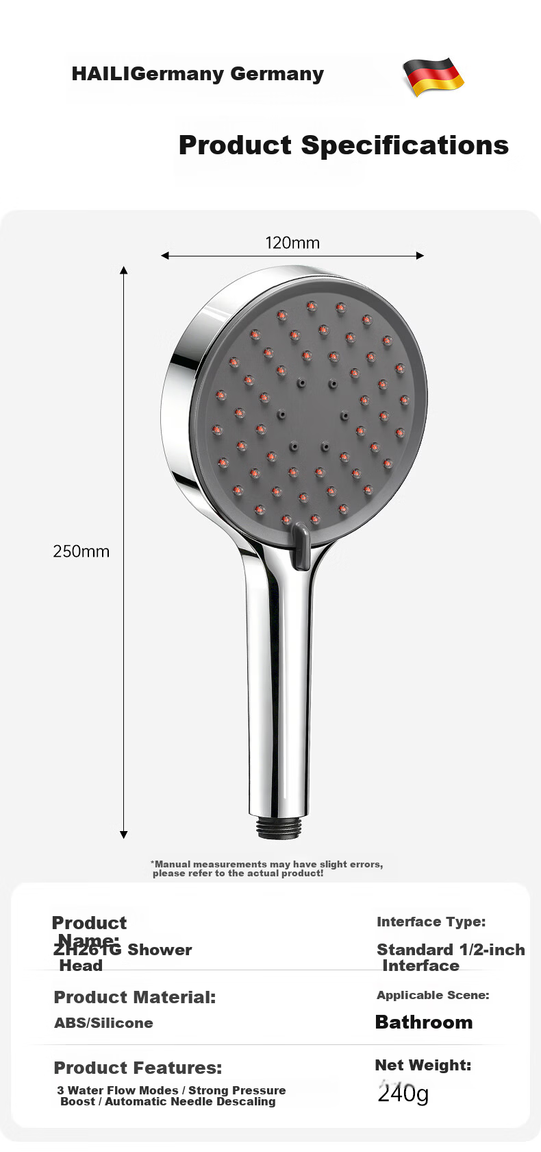 Haili Large Panel Coarse Hole Shower Head High Pressure Water Boost Bathroom Showerhead ZH261G 17