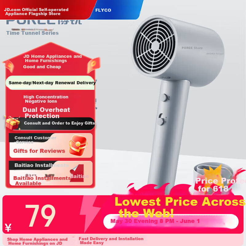 FLYCO PH1636 Hair Dryer - Home Use, Negative Ion, Portable, Fast Drying, Hair Care, Strong Wind, Soft Wind, Constant Temperature