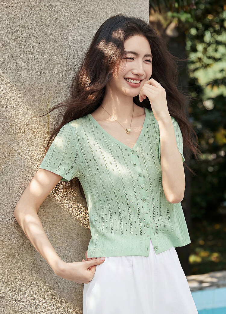 Shangdu Bira Linen Lyocell Knitwear Women Spring Summer Sweet Youthful V-Neck Hollow Texture Short Sleeve Cardigan Top 3