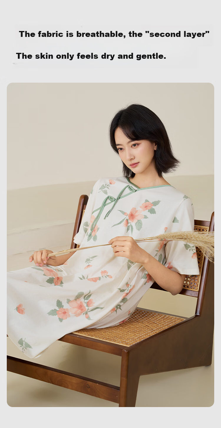 Threegun [Wind Catcher Series] Spring Summer Women's Cotton Short Sleeve Nightdress Homewear Outerwear Traditional Style Dress 5