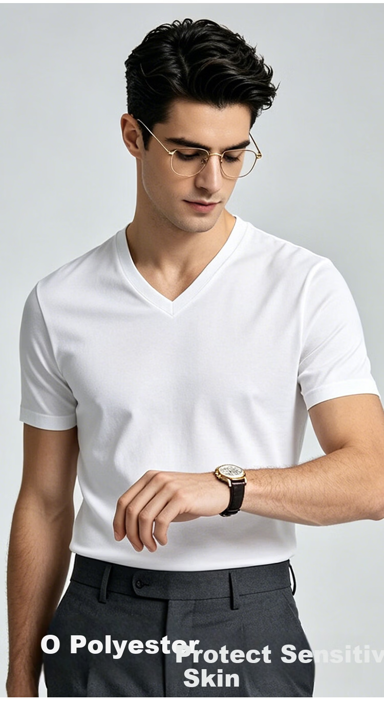 Miiow Men's Heavyweight V-Neck Modal Cotton Short Sleeve T-Shirt High-End Business Breathable Versatile Commuter Casual Base Shirt 2