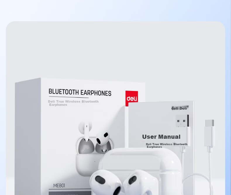 Deli True Wireless Bluetooth Earbuds Semi-In-Ear Earphones Charging Music Sports Gaming Headphones Gift Bluetooth 6.0 Type-C Compatible with Apple Xiaomi Phones White 25