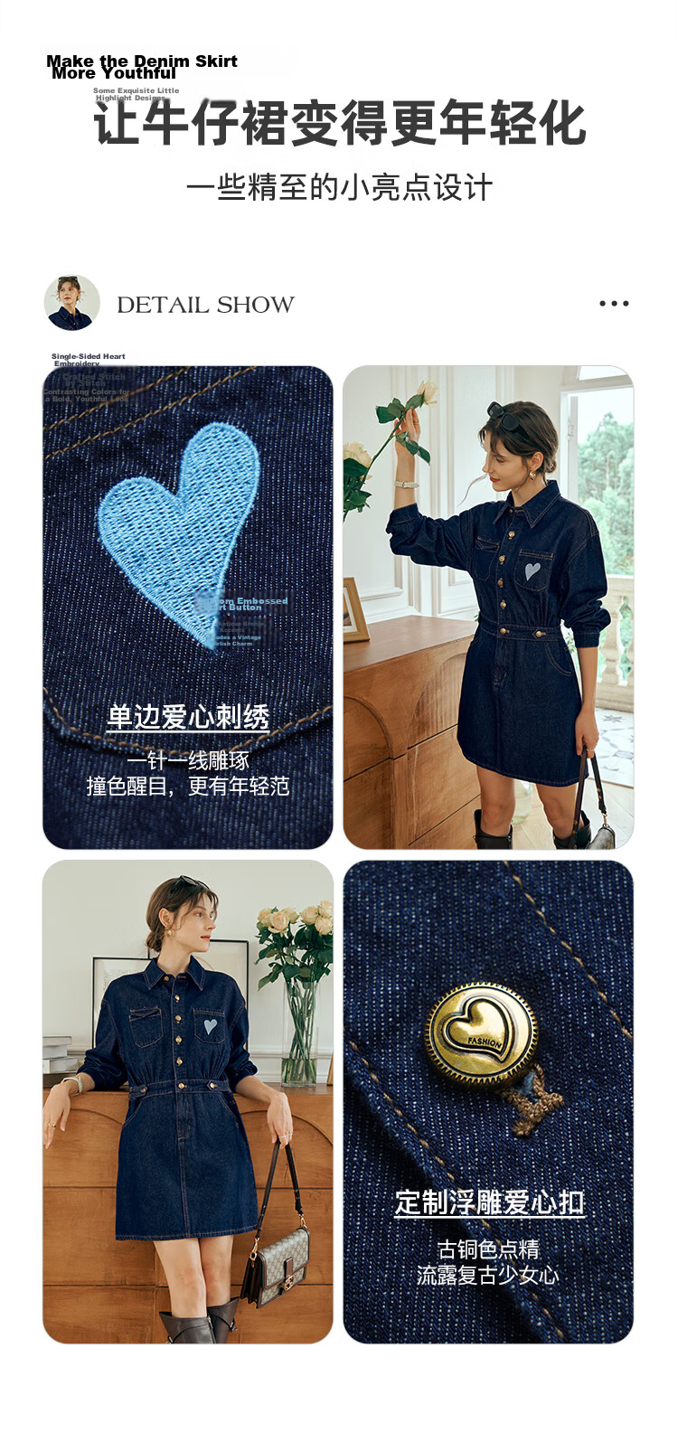 Olrain Eurielle Lapel Denim Dress Women's Autumn Waist-Slim Vintage Petite Dress Prussian Blue L 14