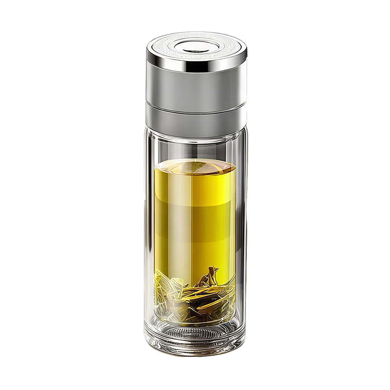 ZARVYRELAXED Tea Infuser Cup for Men And Women, One-Touch Lid Opening, Double-Layer Glass Cup with Separate Tea Compartment, Car-Friendly High-Temperature Resistant Cup, Silver Color