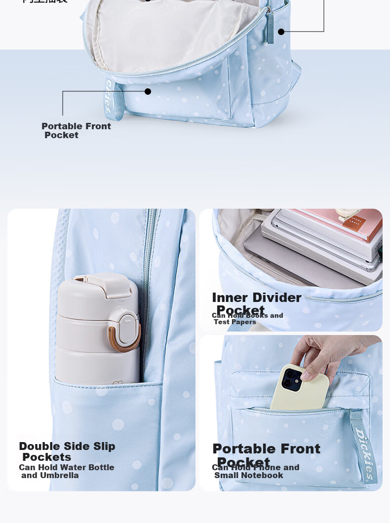 Dickies Women's Backpack Student Campus Commuter Lightweight 2026 New Fashion Large Capacity Laptop Bag Blue and White Polka Dot 7