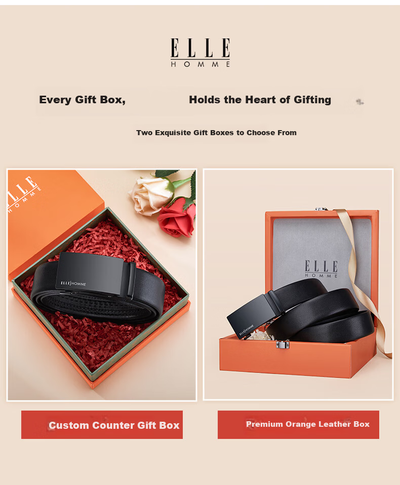 ELLE HOMME French Brand Men's Genuine Leather Automatic Buckle Belt Cowhide Waistband Gift Box Birthday Gift for Husband Father's Day 5