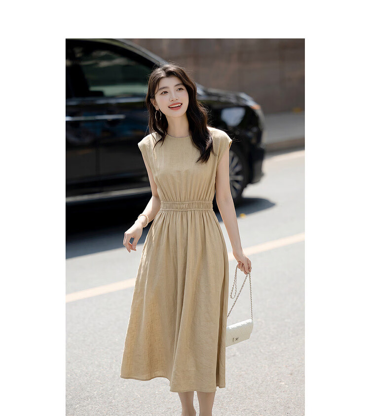 Demana [Elegance Companion] Summer Commuter Style Round Neck High Waist Cap Sleeve Lightweight Draped Mid-Length Women's Dress 13