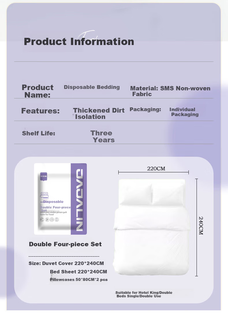 JAJALIN Disposable 4-Piece Double Bed Sheet Duvet Cover Pillowcase Thickened Anti-Dirt Sleeping Bag Travel Supplies Hotel Lilac Purple 7