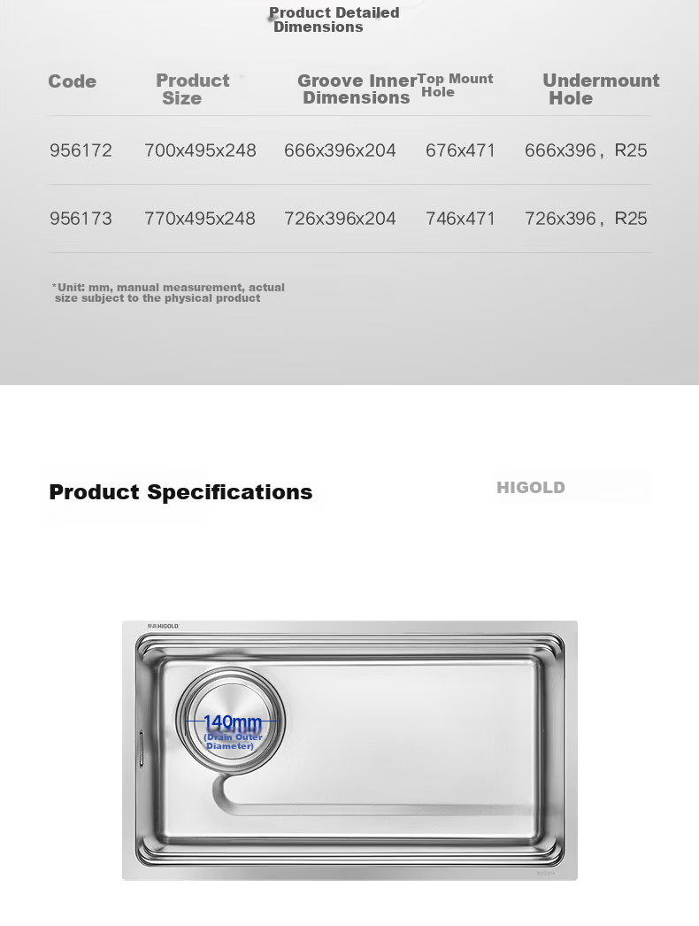 HIGOLD Kitchen Sink Stepped 304 Stainless Steel Left Drain Large Single Bowl 770*440mm Undermount Sink 19