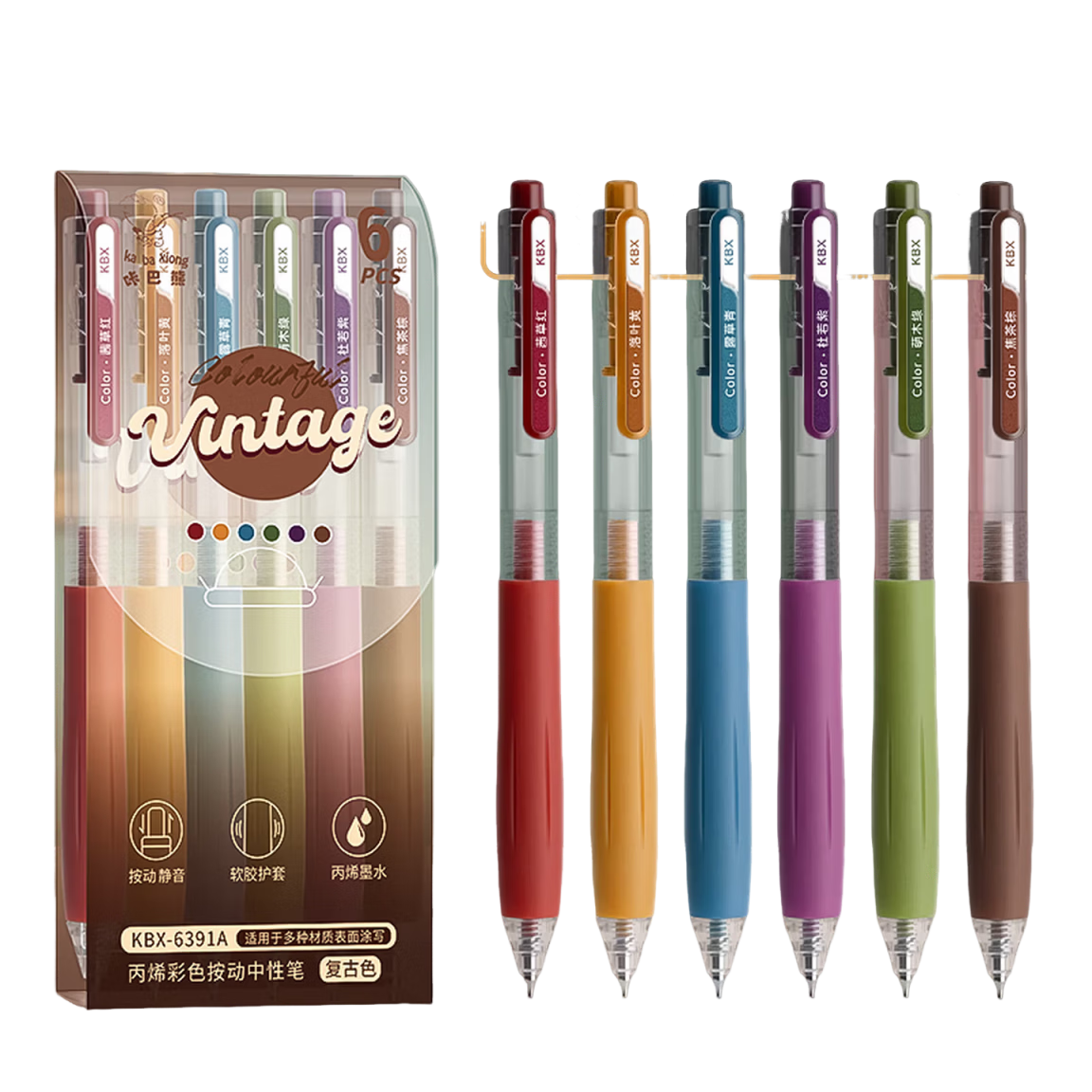 Kaba Bear Acrylic Colored Gel Pens 6-Pack Student Painting Markers DIY Vintage Color Journal Pens