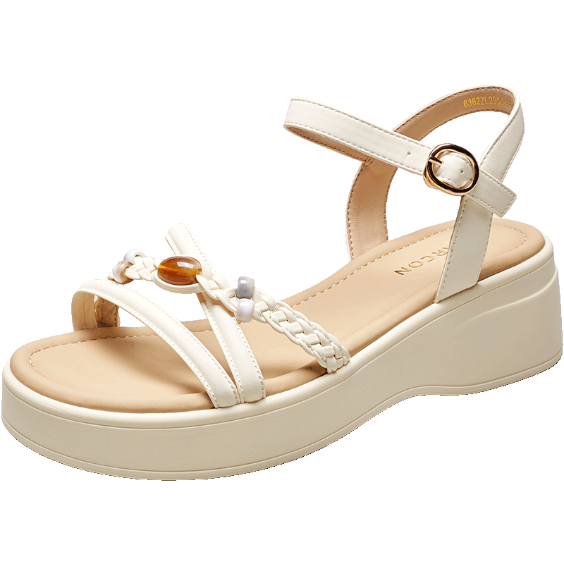 Eierkang Women's Fairy Style Wedge Sandals with Skirt, Beach Shoes, Thick Sole Roman Sandals 29011W Off-White Size 39