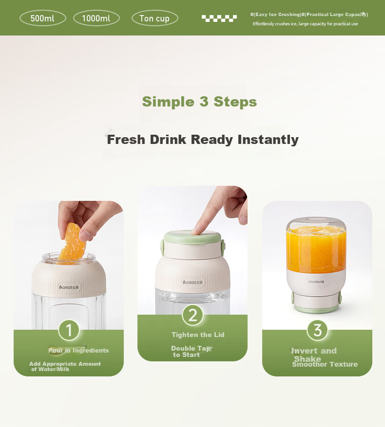 CHIGO Portable Juicer Cup Small Household Juicer Ice Crushing Wireless Charging Outdoor Juice Maker Birthday Gift ZG-ZZB02 11
