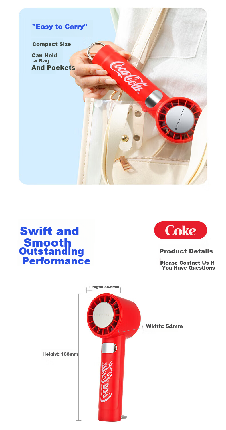Coca-Cola Handheld Mini USB Electric Fan with Digital Display Portable Quiet Desktop Fan for Office Dormitory Students B-FS07G - Price Protection 618 13