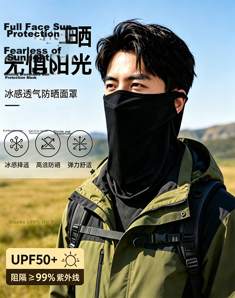 GRGN Sunscreen Face Mask Men's Ear-Hook Cycling Summer UV Protection Ice Silk Mask Headscarf Windproof Mountaineering for Men and Women Riders 2