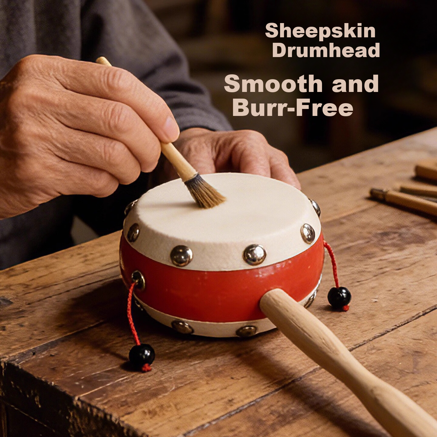 Traditional Chinese Style Double-Sided Sheepskin Rattle Drum Baby Toy 0-1 Year Early Education Handheld Rattle 2