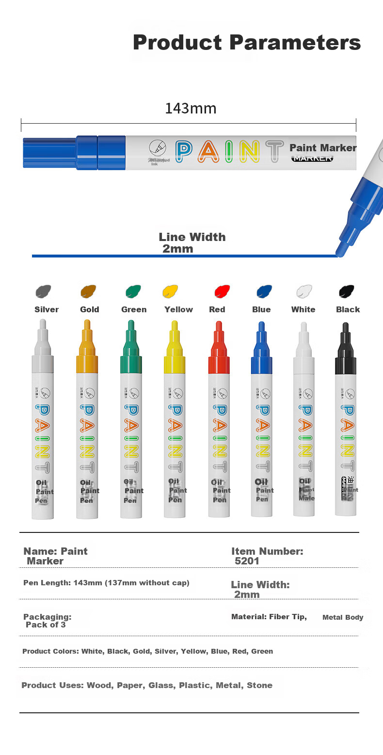 UBILI Waterproof Oil-Based Paint Marker Pen DIY Graffiti Tire Industrial Metal Touch-Up Paint Pen 3-Pack 5201 Silver 10