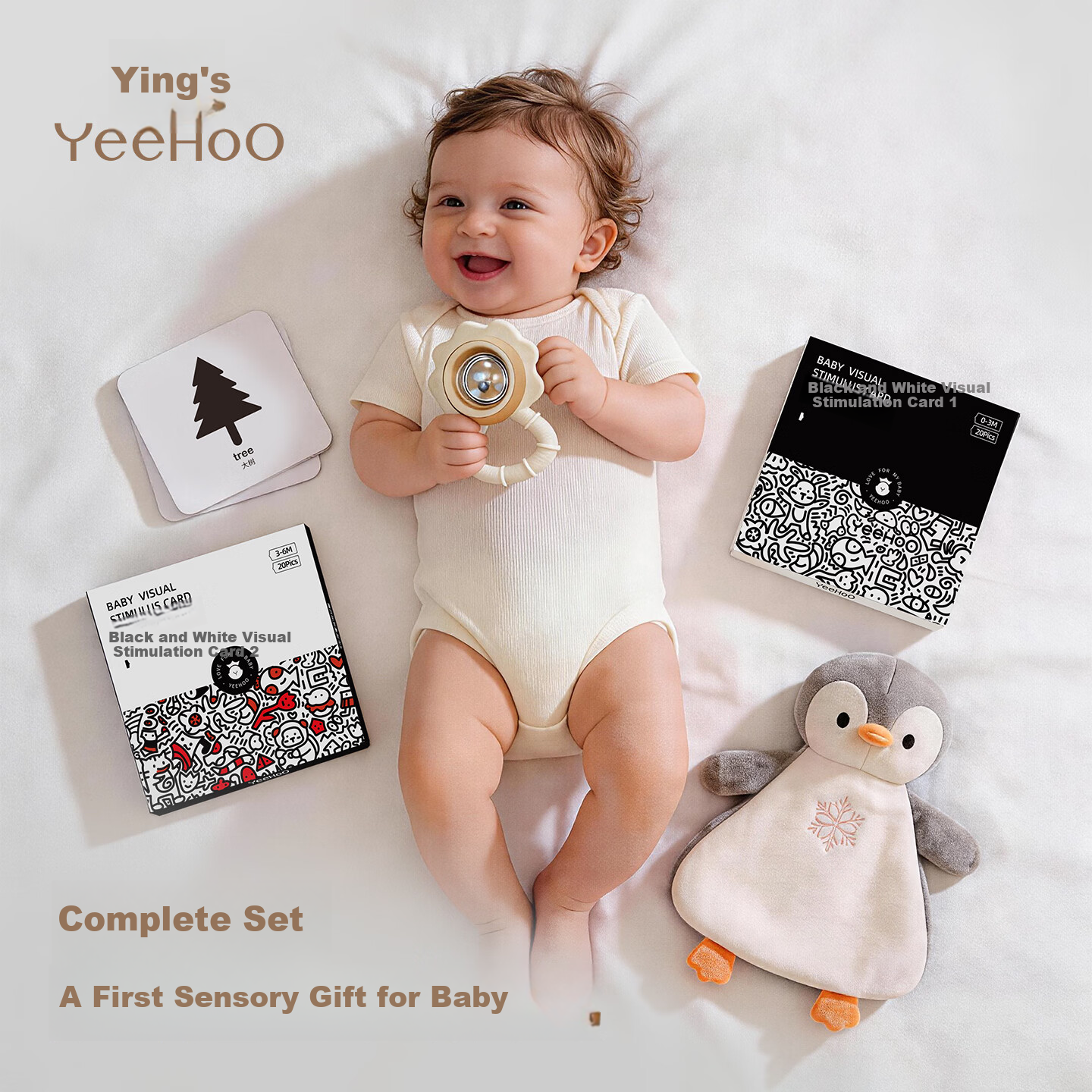 YEEHOO Baby Toy Soothing Sleep Plush Rattle Newborn Black and White Cognitive Cards Early Sensory Enlightenment Set