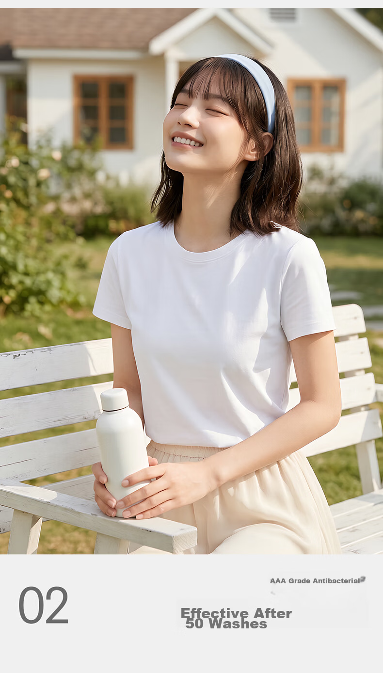 Threegun Cool Antibacterial Short Sleeve Crew Neck Women's T-Shirt, Shoulder Fit, High Elastic Ribbed Short Cotton Base Shirt 10