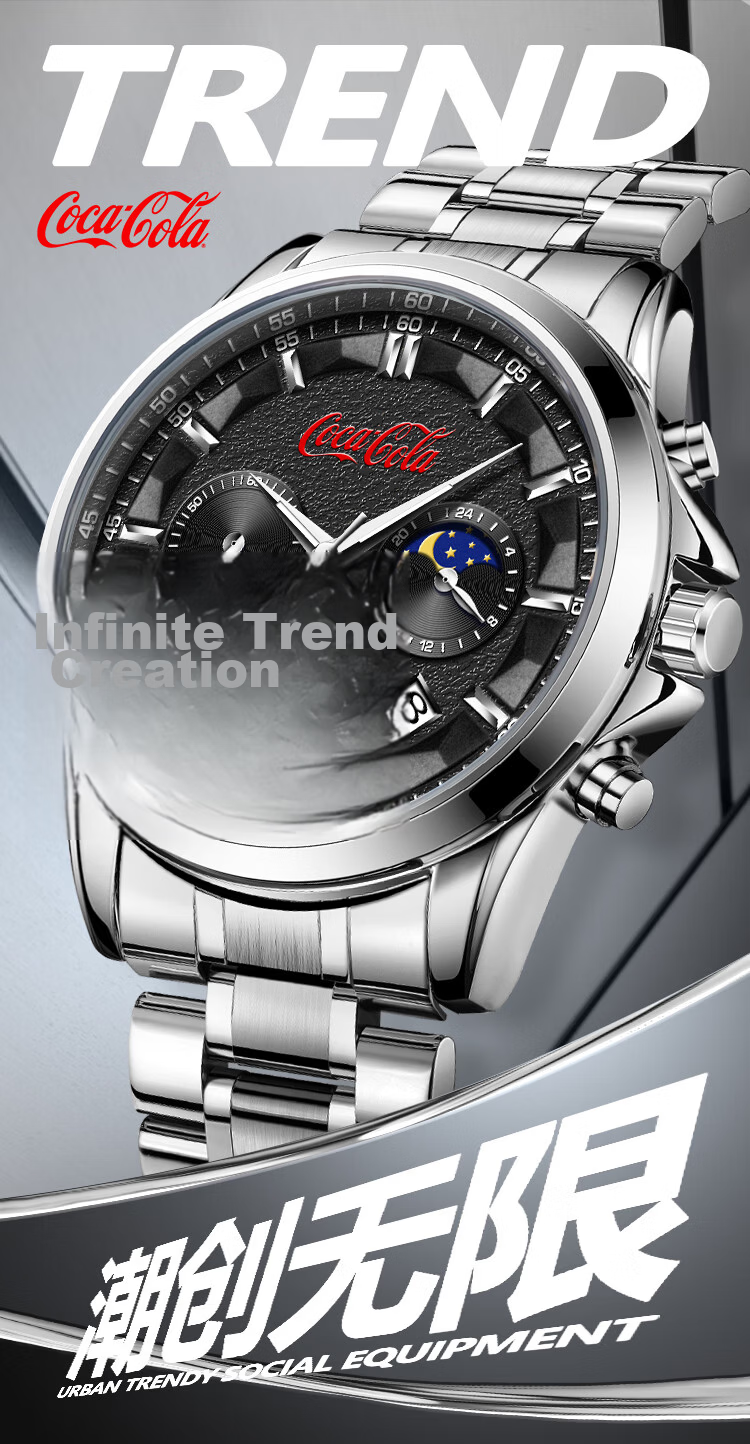 Coca-Cola Luxury Sun Moon Star Quartz Watch Stainless Steel Band Unisex Colorful Dial 1