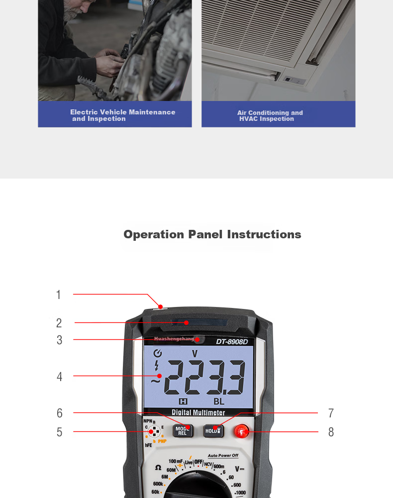 Hua Sheng Chang CEM Digital Multimeter DT-8908D High-Precision Anti-Burn Electrician Multimeter with Backlight, Digital Display, Temperature Measurement, True RMS Ammeter 7