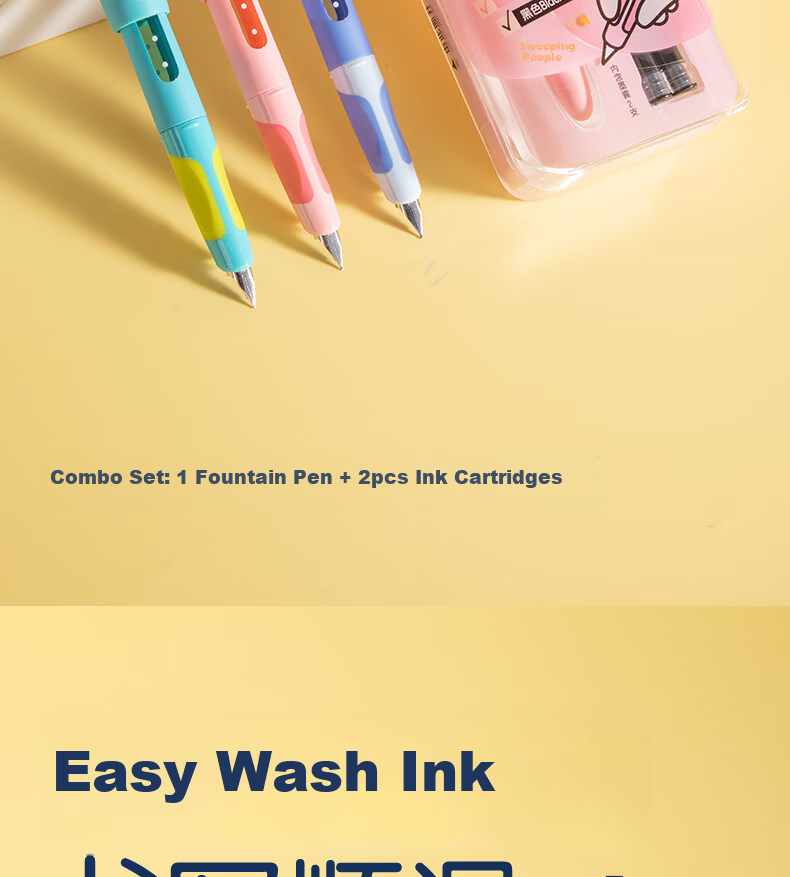 Deli Grip Fun Posture Correction Easy Wash Student Fountain Pen EF Nib Corrective Student Stationery (1 Pen + 2 Black Ink Cartridges) SF668 EF Nib (Approx. 0.38mm) Color Random 3